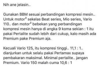 Pilihan bahan bakar berdasar kompresi menurut salah seorang pengguna Facebook. (Facebook/Motuba)