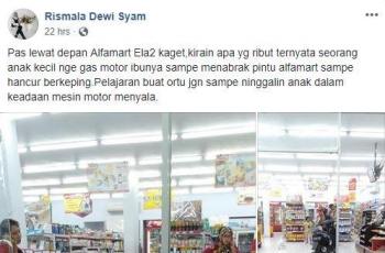 Lupa Dimatikan, Motor Matik Ini Tabrak Pintu Minimarket. (Facebook/Rismala Dewi Syam)