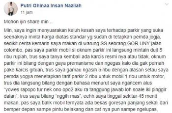 Curhatan korban ulah oknum parkir liar. (Facebook/Info Cegatan Jogja)