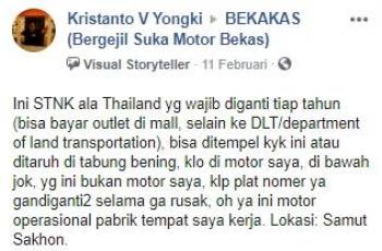 Penggunaan STNK di Thailand. (Facebook/Kristanto V Yongki)