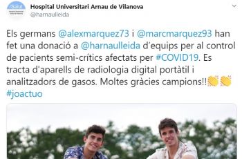 Tweet dari rumah sakit setelah duo Marquez memberikan bantuan peralatan medis (Twitter.harnaulleida)
