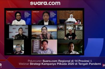 Salah satu tampilan layar saat kegiatan webinar "Strategi Kampanye Pilkada 2020 di Tengah Pandemi", dalam rangka peluncuran program pengembangan Suara.com Regional di 14 Provinsi, Jumat (28/8/2020).
